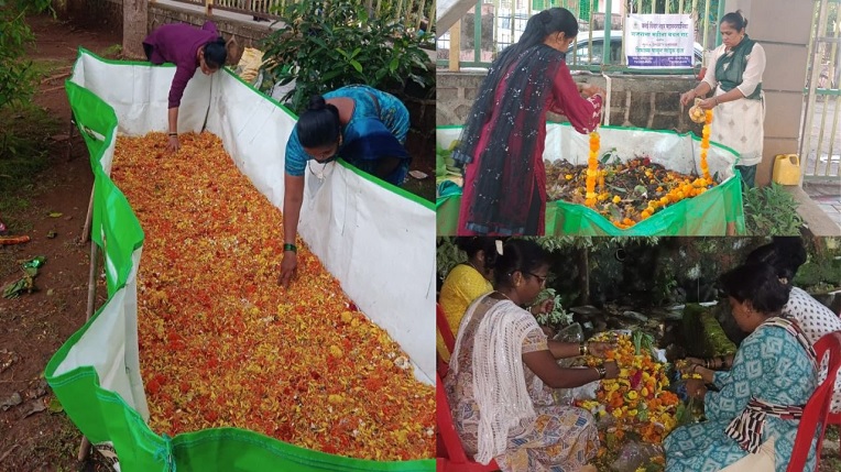 बचत गटाच्या महिला  निर्माल्यातून करतायेत खत निर्मिती